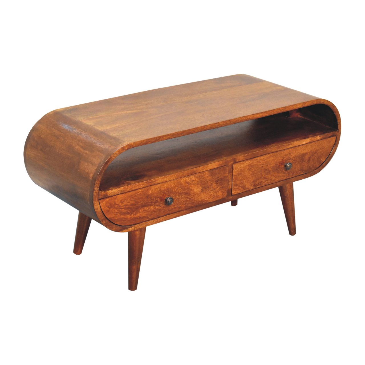 Chestnut Circular TV Stand made from solid mango wood with 2 drawers, open slot, and Nordic-style legs. Detailed view