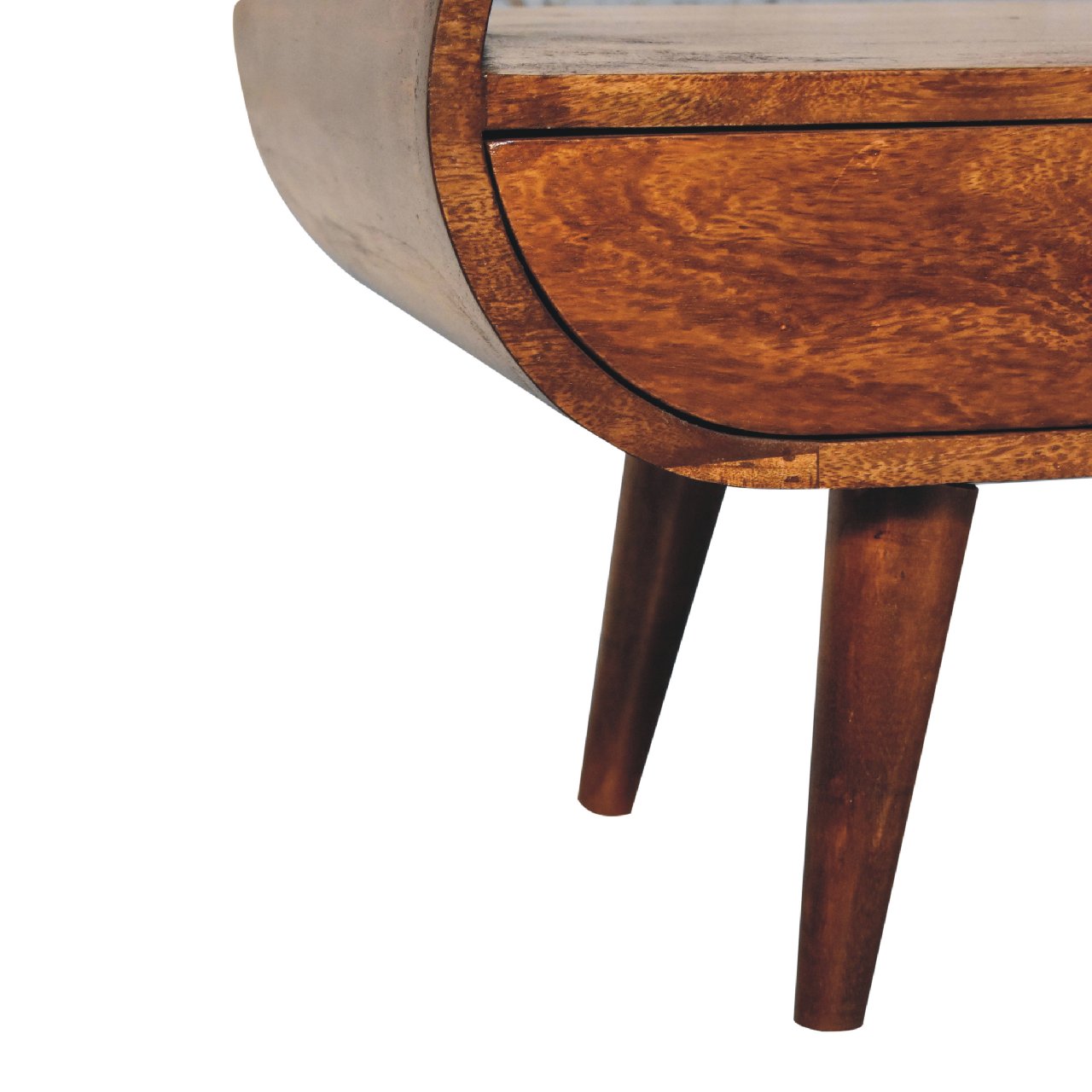 Chestnut Circular TV Stand made from solid mango wood with 2 drawers, open slot, and Nordic-style legs. Leg view