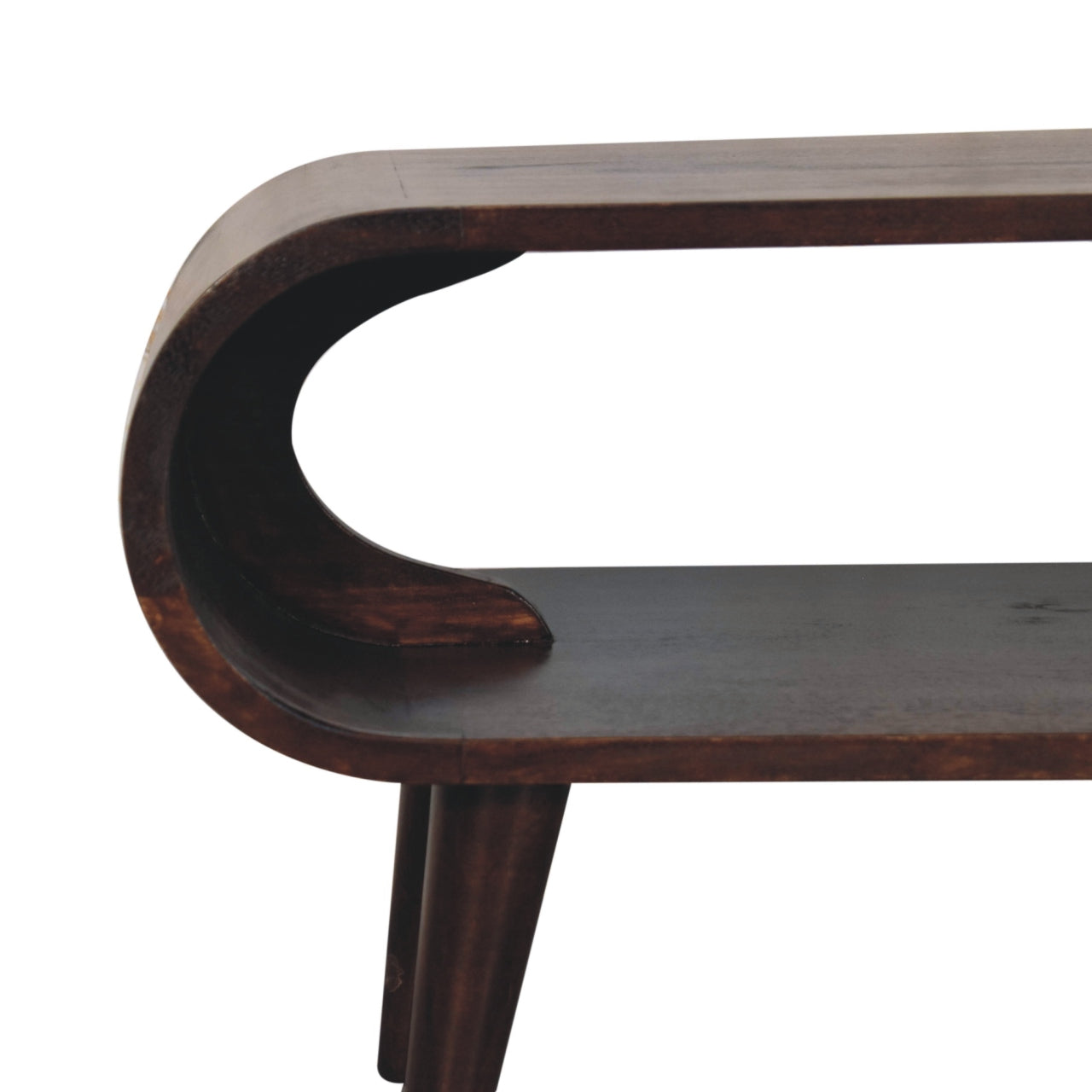 Amaya light walnut coffee table with Nordic legs and open shelf design. Half side view