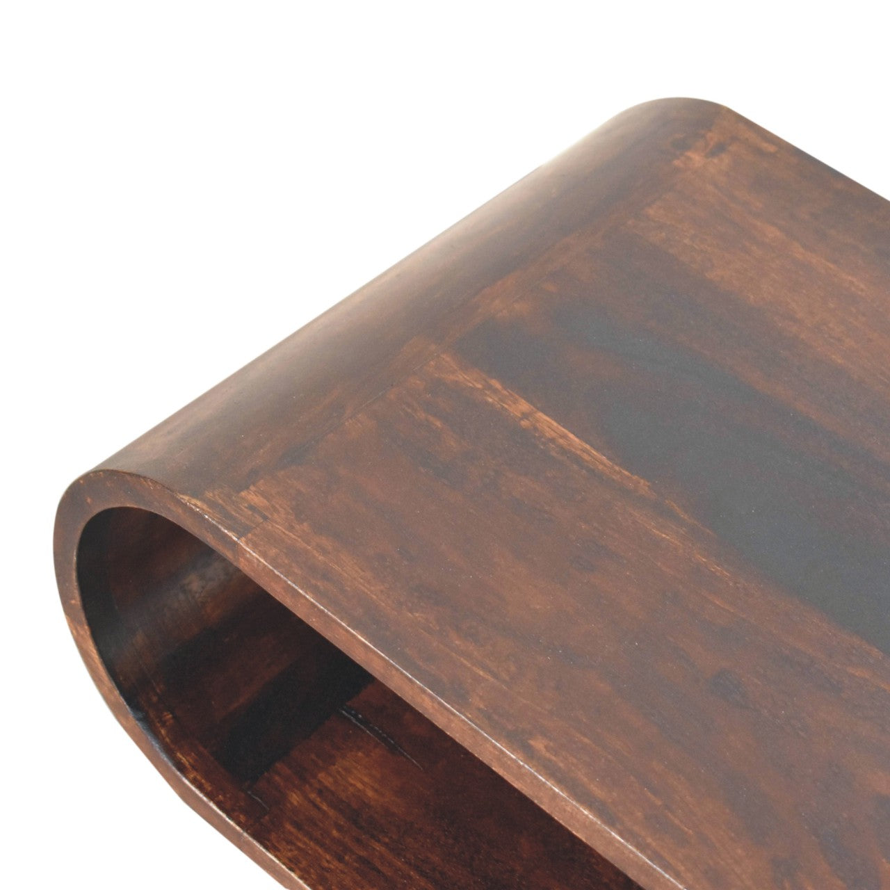 Amaya light walnut coffee table with Nordic legs and open shelf design. Top corner view