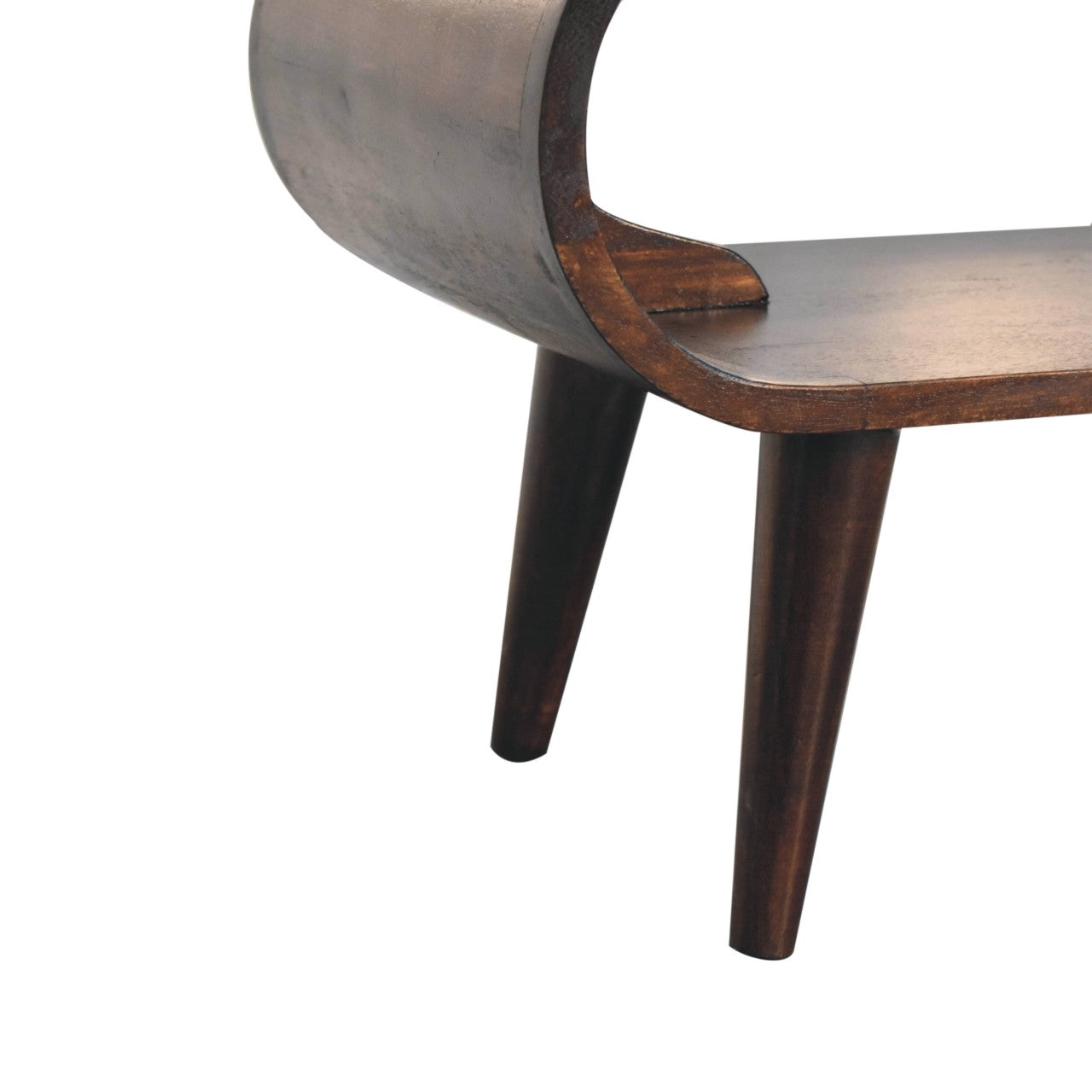 Amaya light walnut coffee table with Nordic legs and open shelf design. Legs view