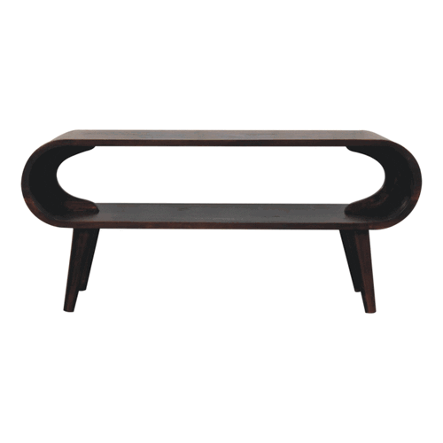 Amaya light walnut coffee table with Nordic legs and open shelf design. GIF
