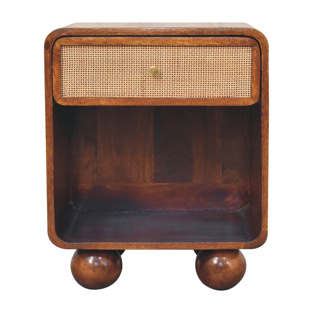 Chestnut woven chest with single drawer, shiny knob, and solid mango wood legs.