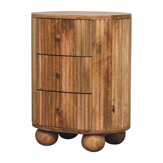 Soba Ball 3-Drawer Bedside Table made from solid mango wood with oak-ish finish and four ball feet. Lateral view