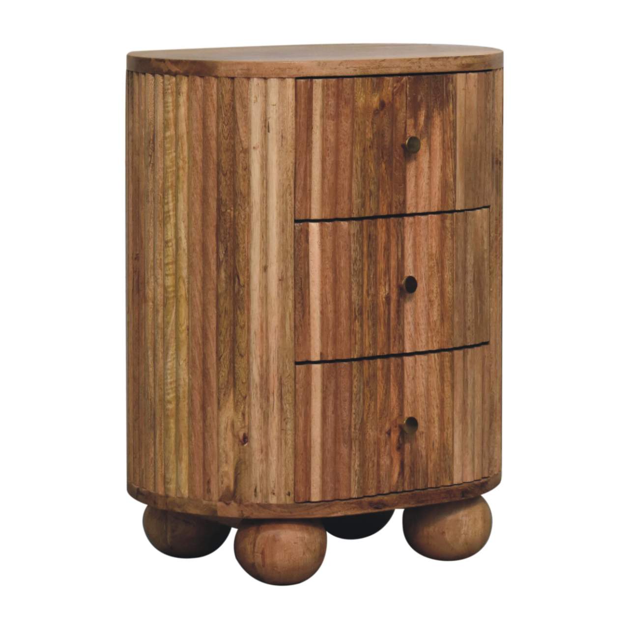 Soba Ball 3-Drawer Bedside Table made from solid mango wood with oak-ish finish and four ball feet.