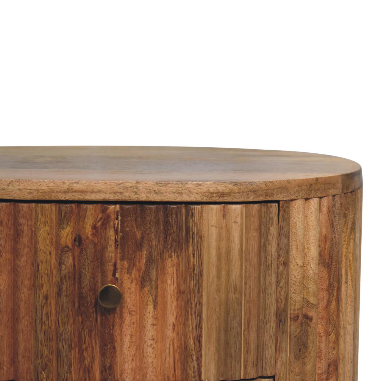 Soba Ball 3-Drawer Bedside Table made from solid mango wood with oak-ish finish and four ball feet. Knob view 