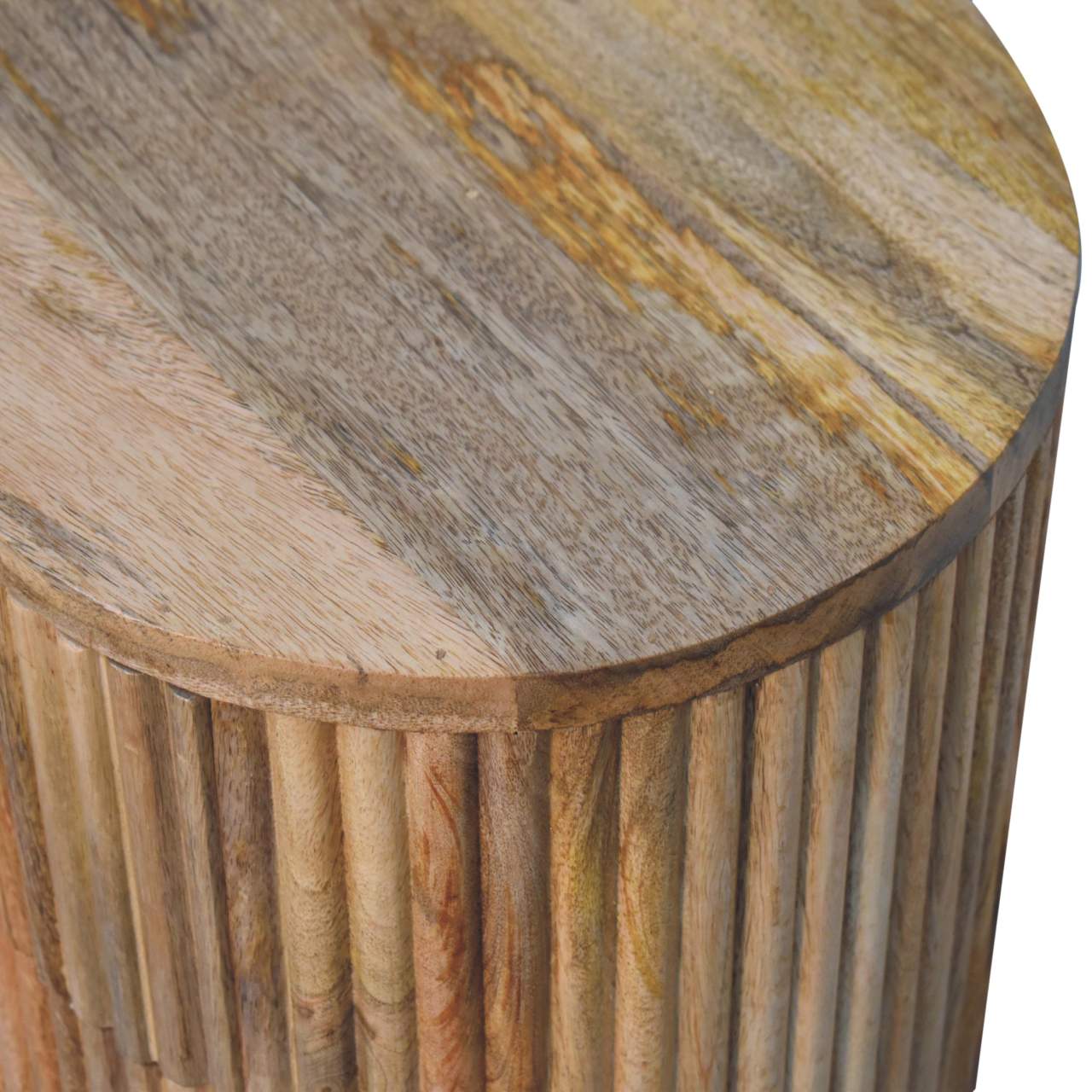 Soba Ball 3-Drawer Bedside Table made from solid mango wood with oak-ish finish and four ball feet. Top view of the wood