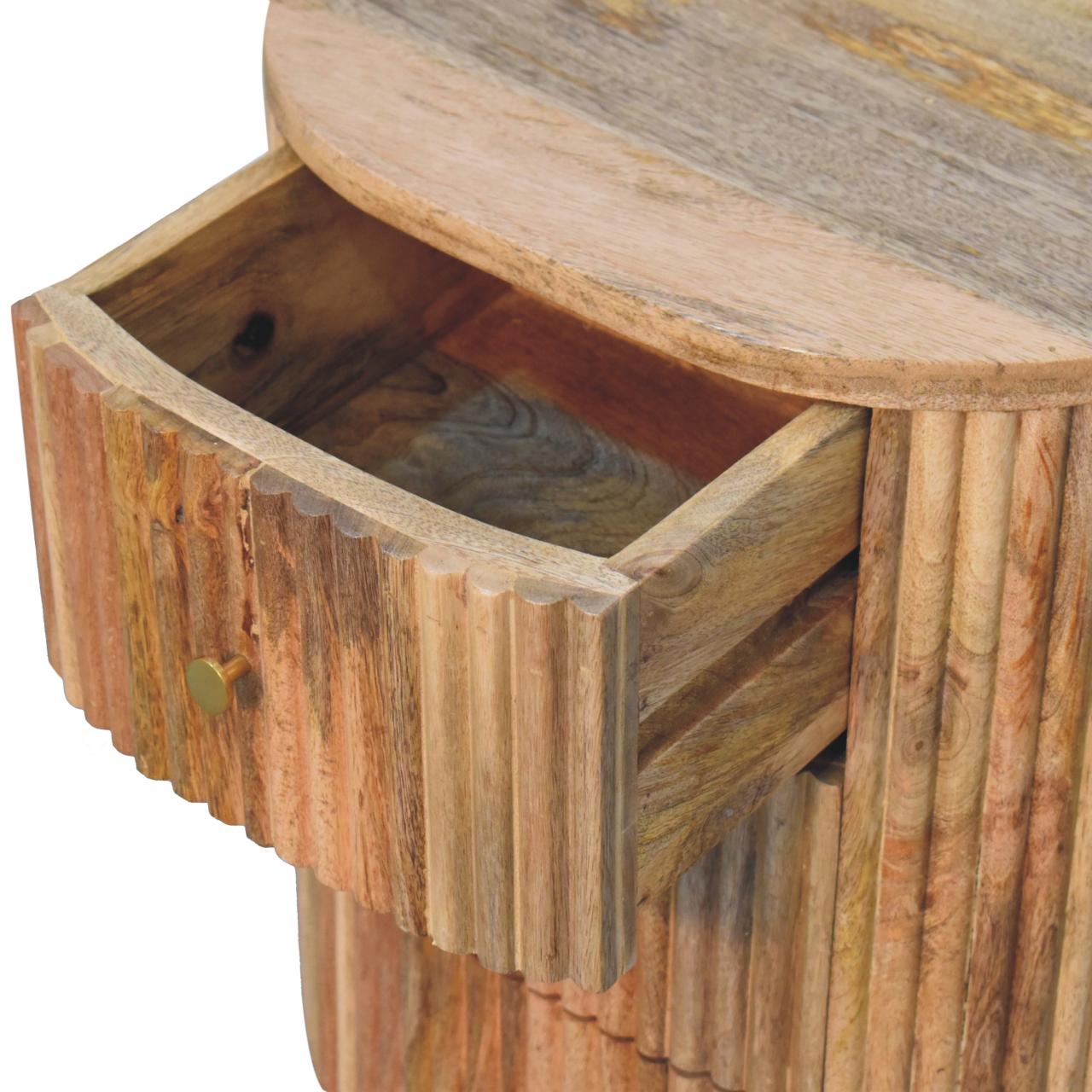 Soba Ball 3-Drawer Bedside Table made from solid mango wood with oak-ish finish and four ball feet. Opened drawer view