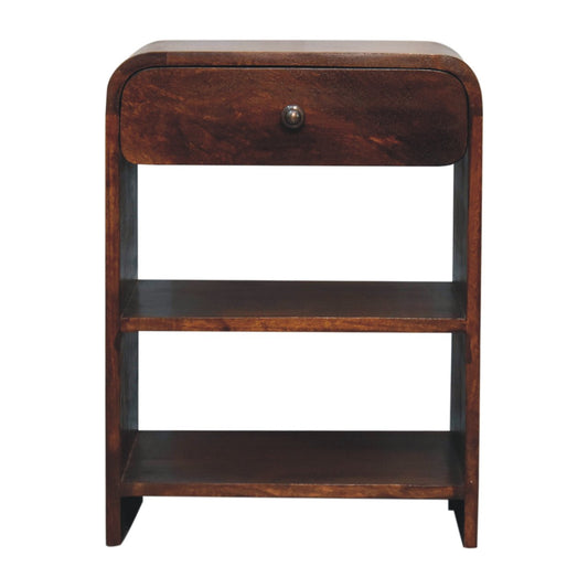 Aspen Open Bedside Table made from solid mango wood with one drawer and two open slots.