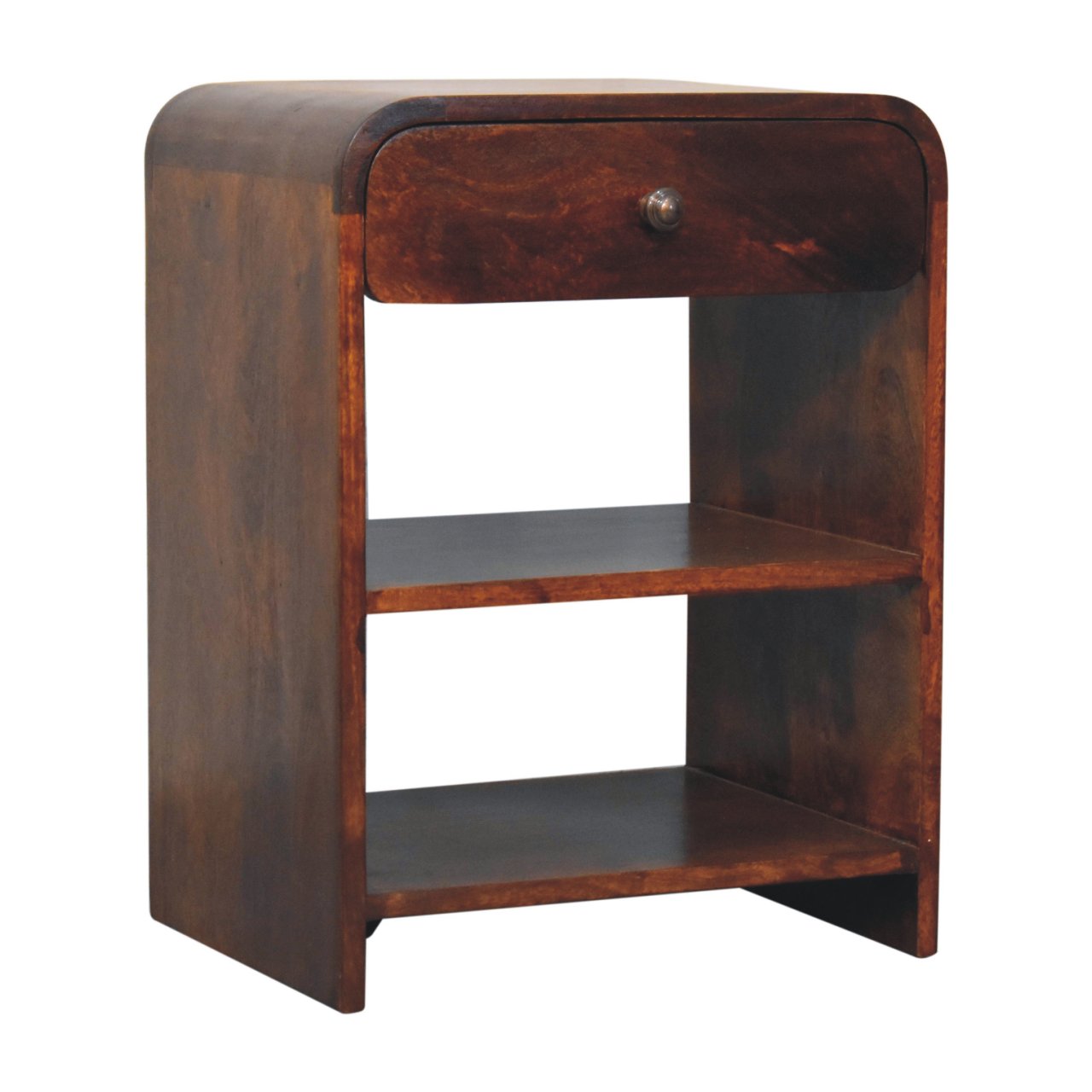 Aspen Open Bedside Table made from solid mango wood with one drawer and two open slots. Corner view