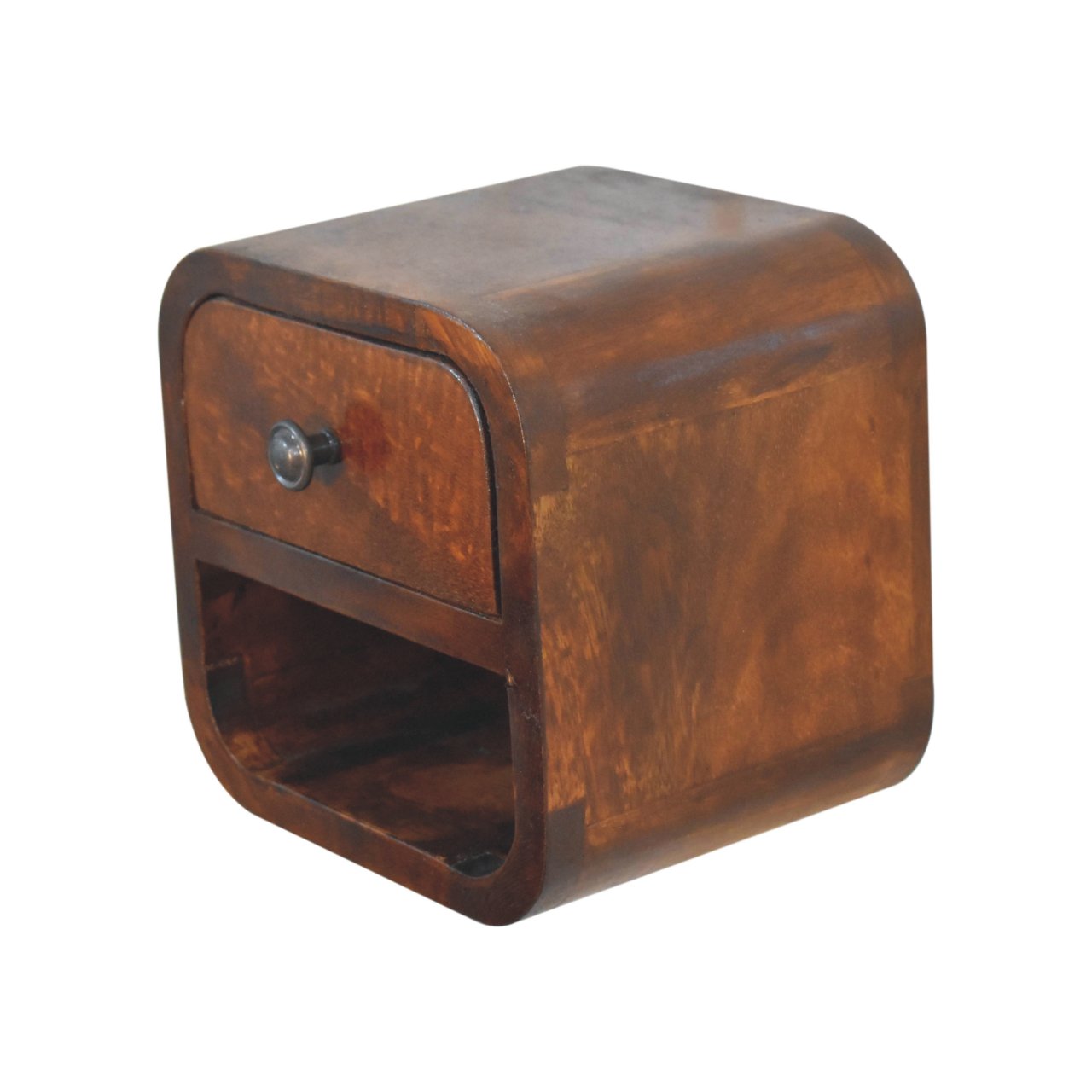 Extra Mini Curved Chestnut Bedside Table made from solid mango wood with one drawer and open lower shelf. Detailed view