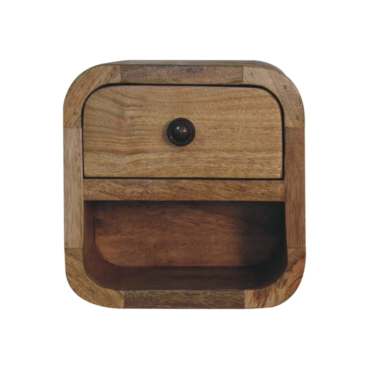 Extra Mini Wall Mounted Curved Oak ish Bedside with open slot.  