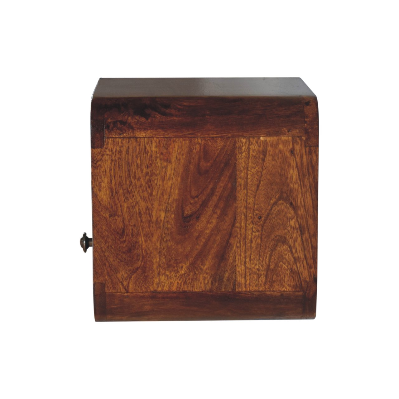 Extra Mini Wall-Mounted Curved Chestnut Nightstand. Small bedside shelf. Side view