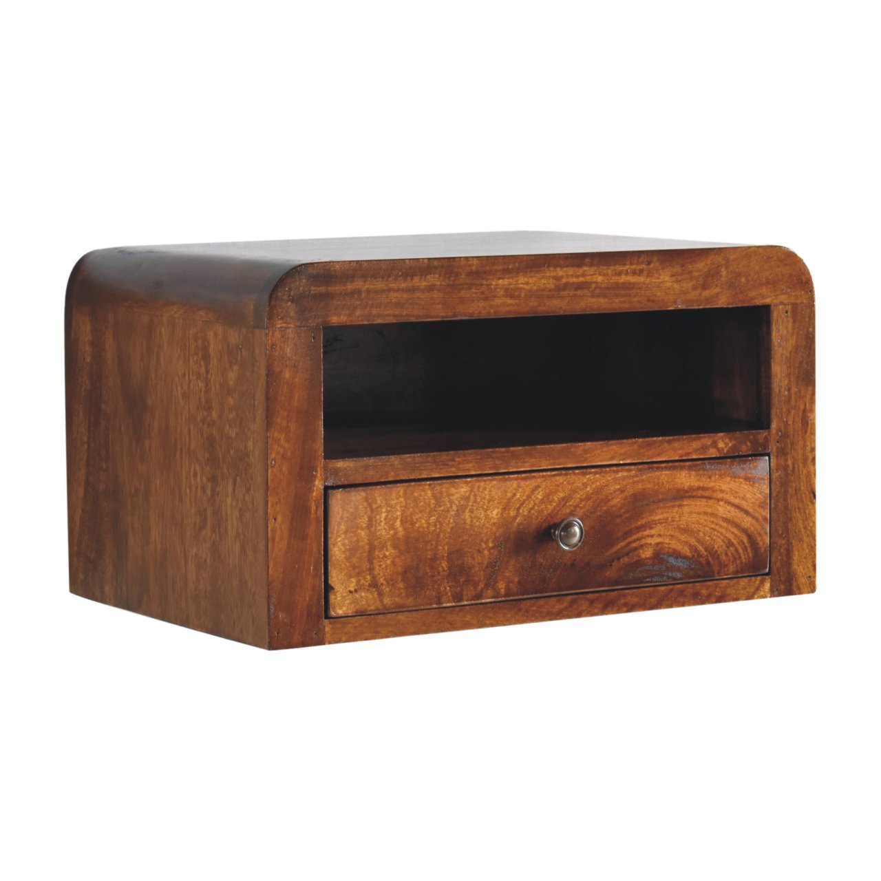 Chunky Wall Mounted Curved Chestnut Bedside Unit made from solid mango wood with one drawer and open shelf