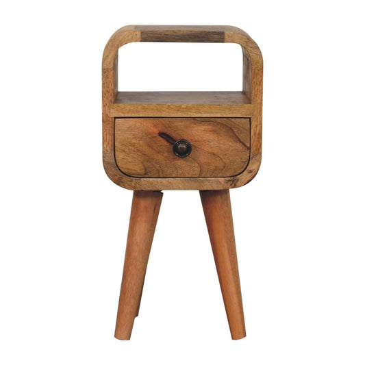 Extra Mini Oak-ish Bedside Table made from solid mango wood with one drawer, open slot, and Nordic-style legs