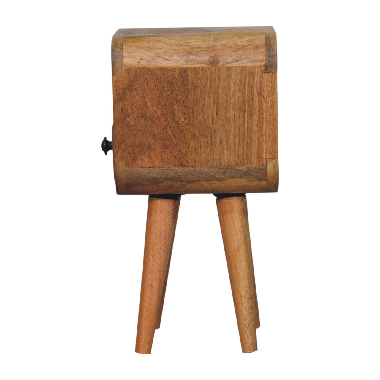 Extra Mini Oak-ish Bedside Table made from solid mango wood with one drawer, open slot, and Nordic-style legs. Side view