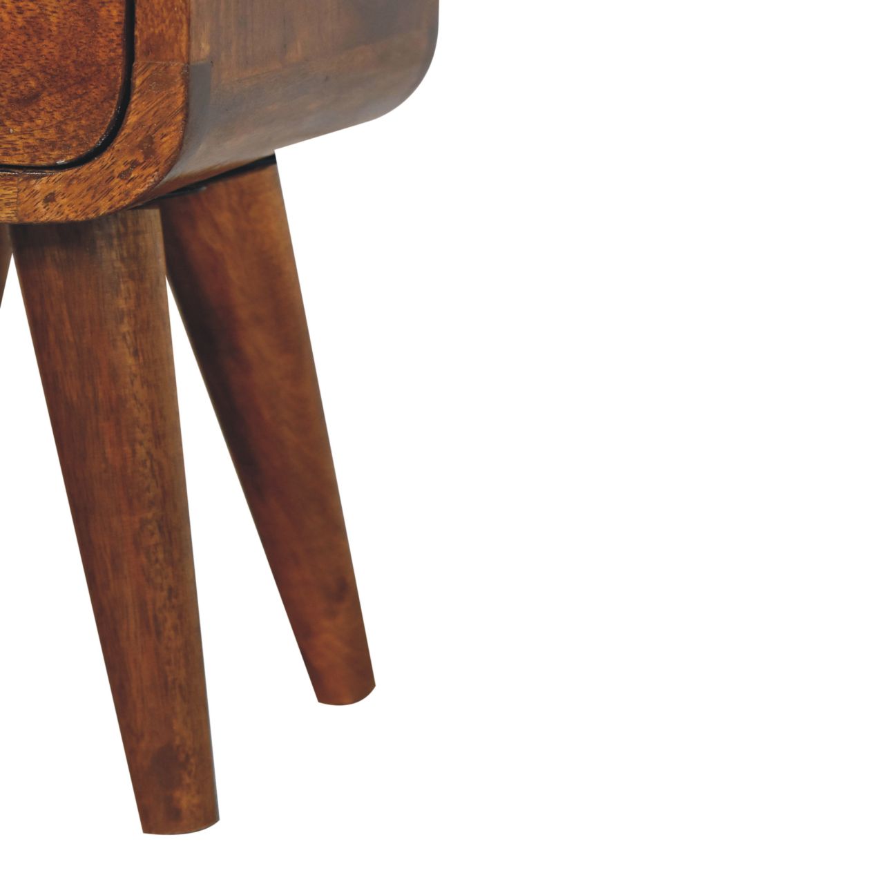 drawer close-up: Drawer and open slot of oak-finish mini bedside table with Nordic-style wooden legs. Legs view