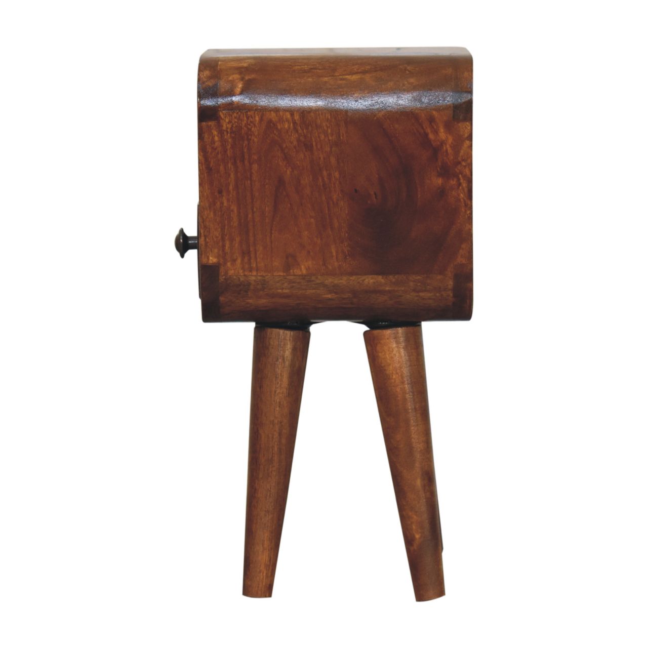 drawer close-up: Drawer and open slot of oak-finish mini bedside table with Nordic-style wooden legs. Side view