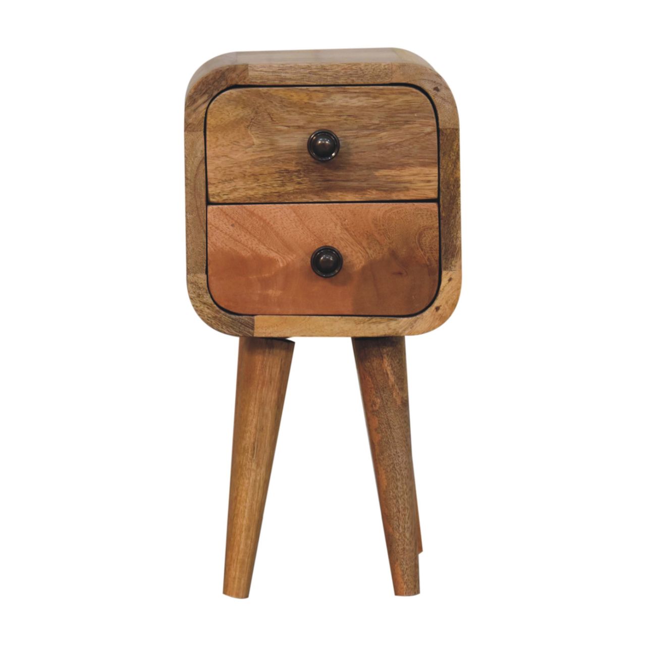 Extra Mini Curved Oak-ish Bedside Table made from solid mango wood with two drawers and Nordic-style legs