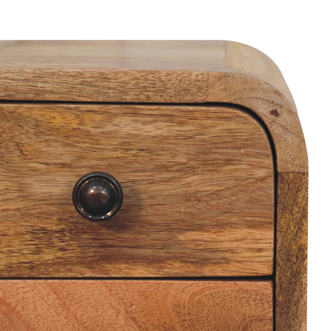 Extra Mini Curved Oak-ish Bedside Table made from solid mango wood with two drawers and Nordic-style legs. Knob view