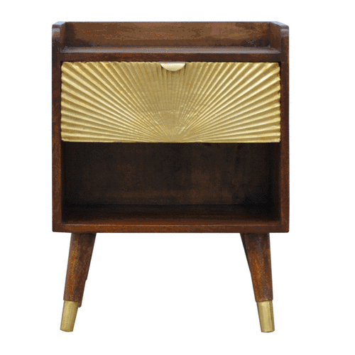 Manila Gold Chestnut Nightstand with brass plated drawer, open slot, and Nordic style legs- 360 degree GIF