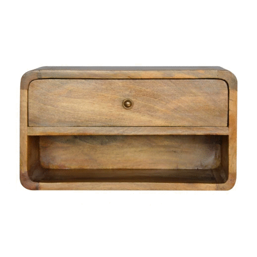 Floating Curve Open Slot Nightstand with one drawer and open shelf, made from solid mango wood. 360 degree GIF