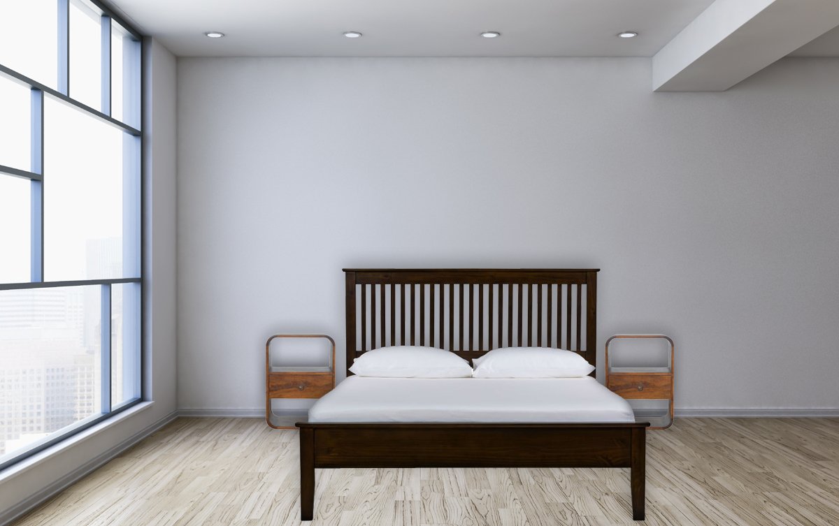 Chestnut Curved Edge Nightstand made from solid mango wood with drawer and two open storage slots. Two Nightstands by a bedside