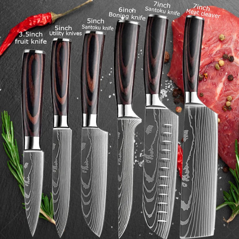 Set of knives with labels and a background of red meat and herbs