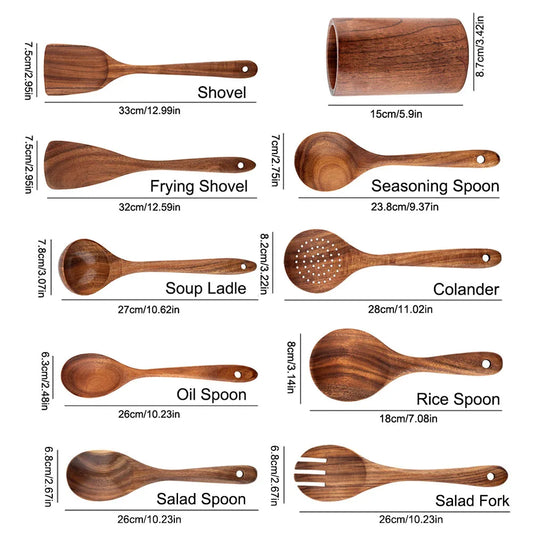 Set of wooden kitchen utensils with measurements on a white background