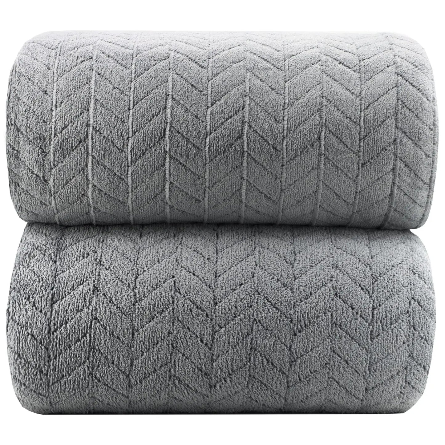 Two rolled-up gray textured blankets on a white background