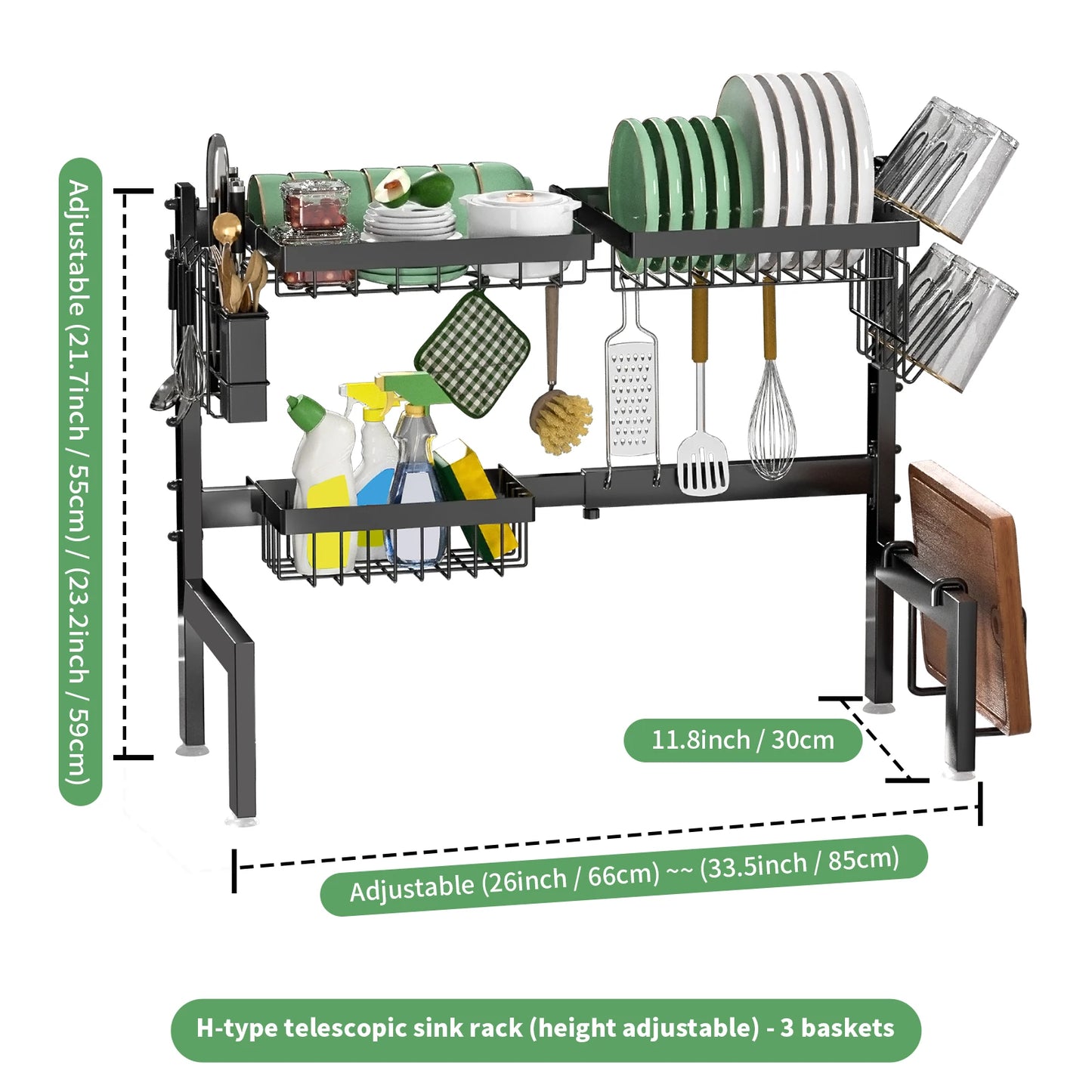 Adjustable Over-Sink Dish Drying Rack Rust-Proof Steel Kitchen Shelf