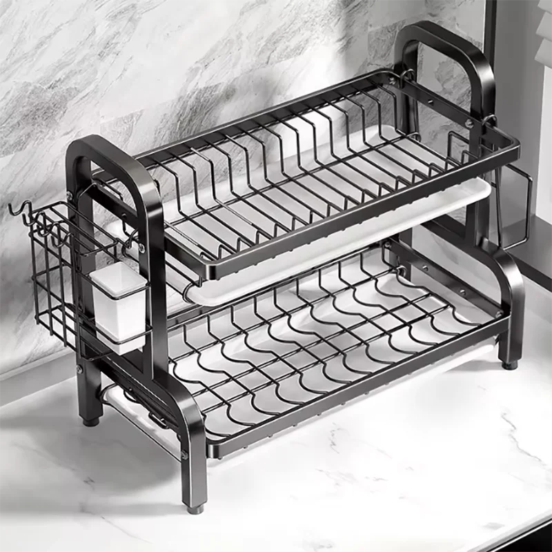 2-Tier Dish Drying Rack with Drainboard & Utensil Holder, Rust-Proof