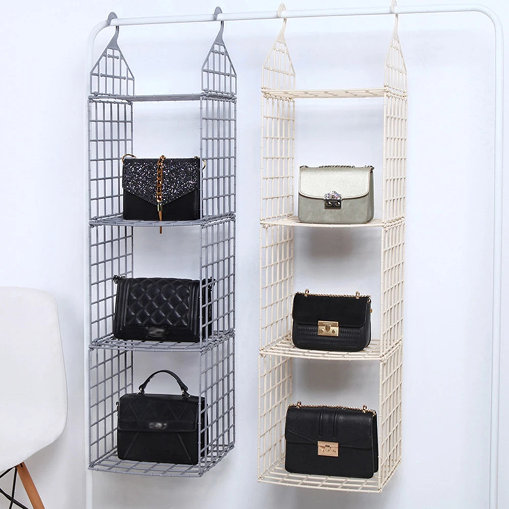 Two wall-mounted shelves with handbags on a white background