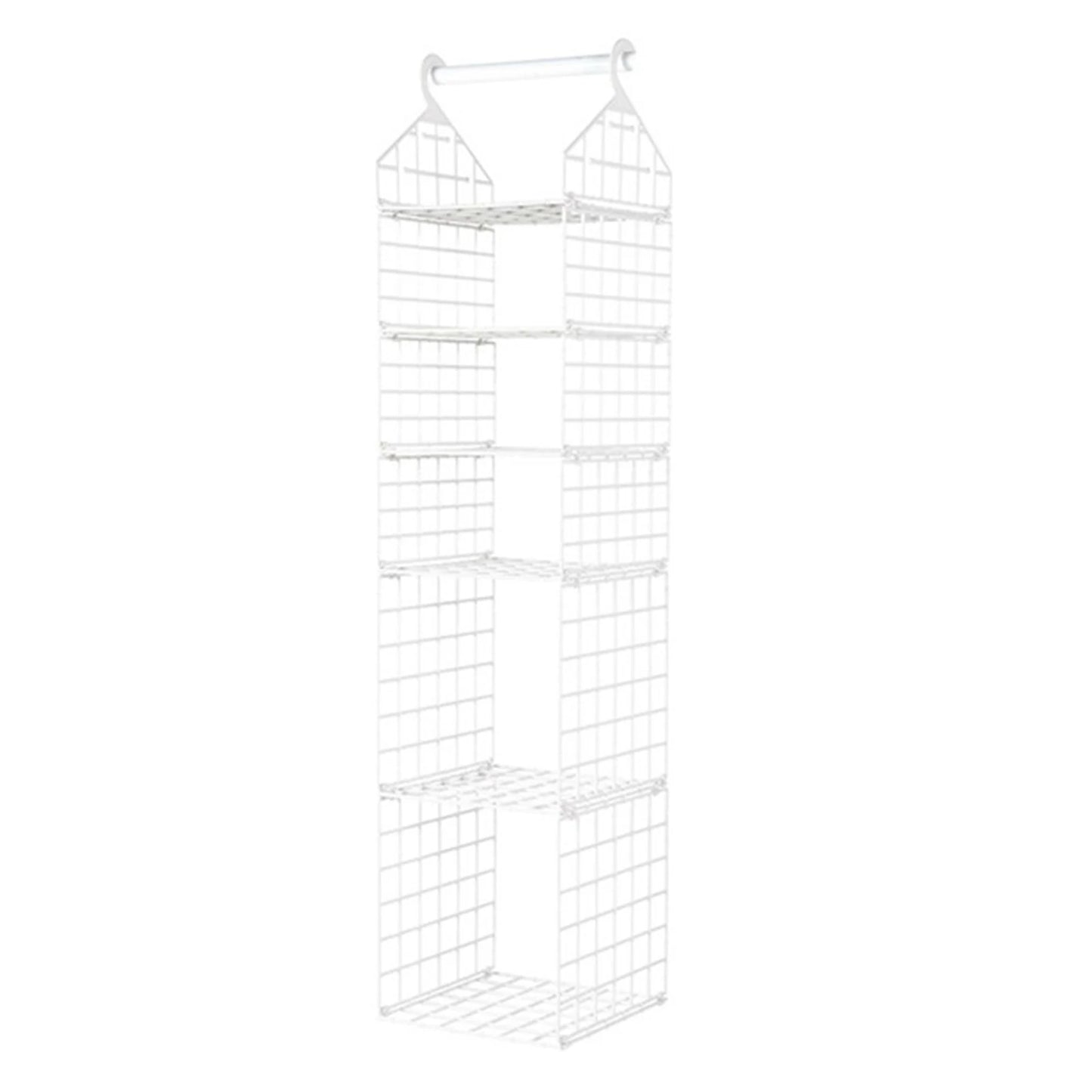 White metal shelving unit with a grid design on a white background