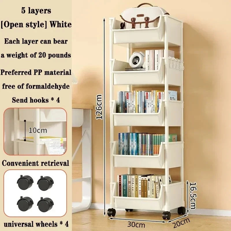 White multi-layered storage rack with books and items, against a beige wall.