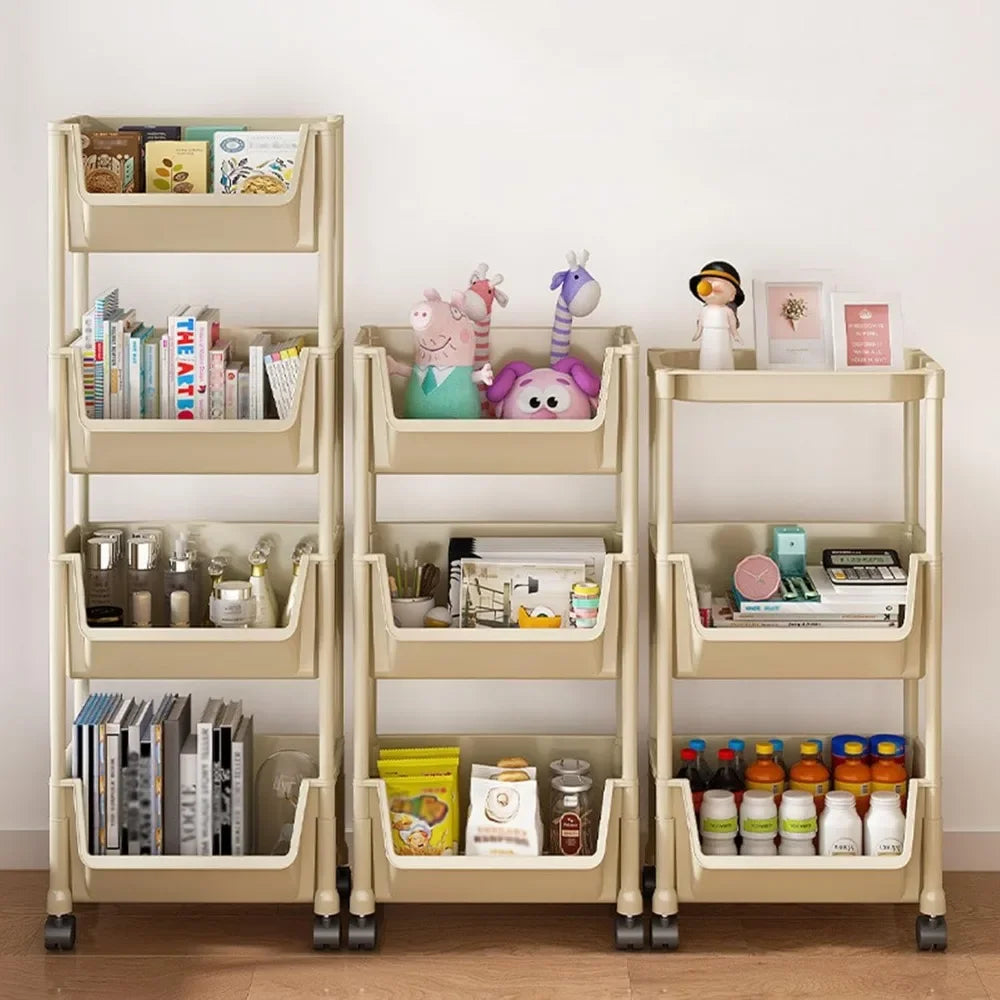 Multi-tiered storage rack with various items on a wooden floor.