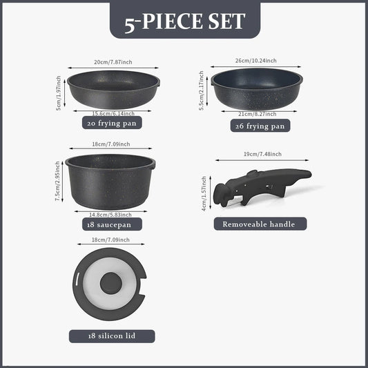 5-piece cookware set with dimensions and features on a white background