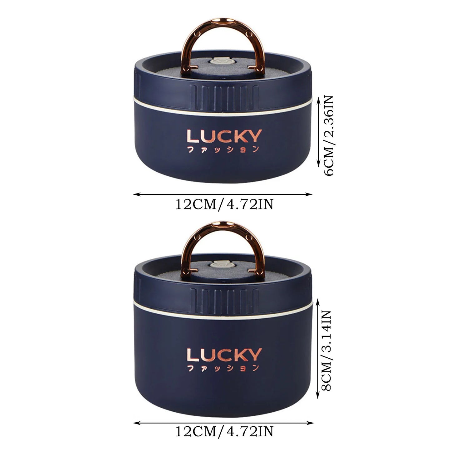Navy blue cylindrical container with 'LUCKY' branding and measurements on a white background