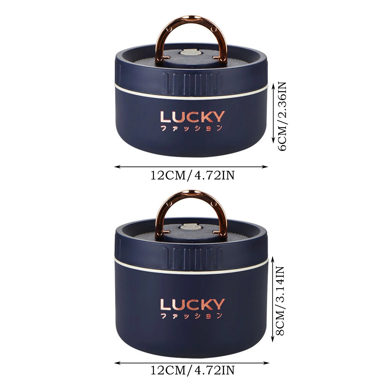 Navy blue cylindrical container with 'LUCKY' branding and measurements on a white background