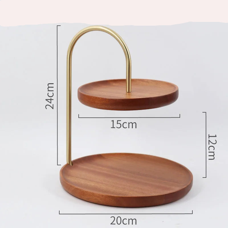 Wooden two-tier stand with gold arch, dimensions labeled