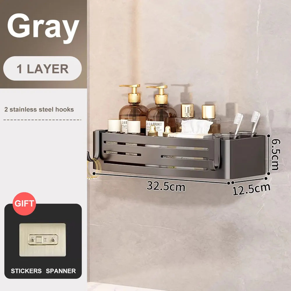 Bathroom Corner Shelf with Towel Bar, No-Drill Aluminum Storage Rack