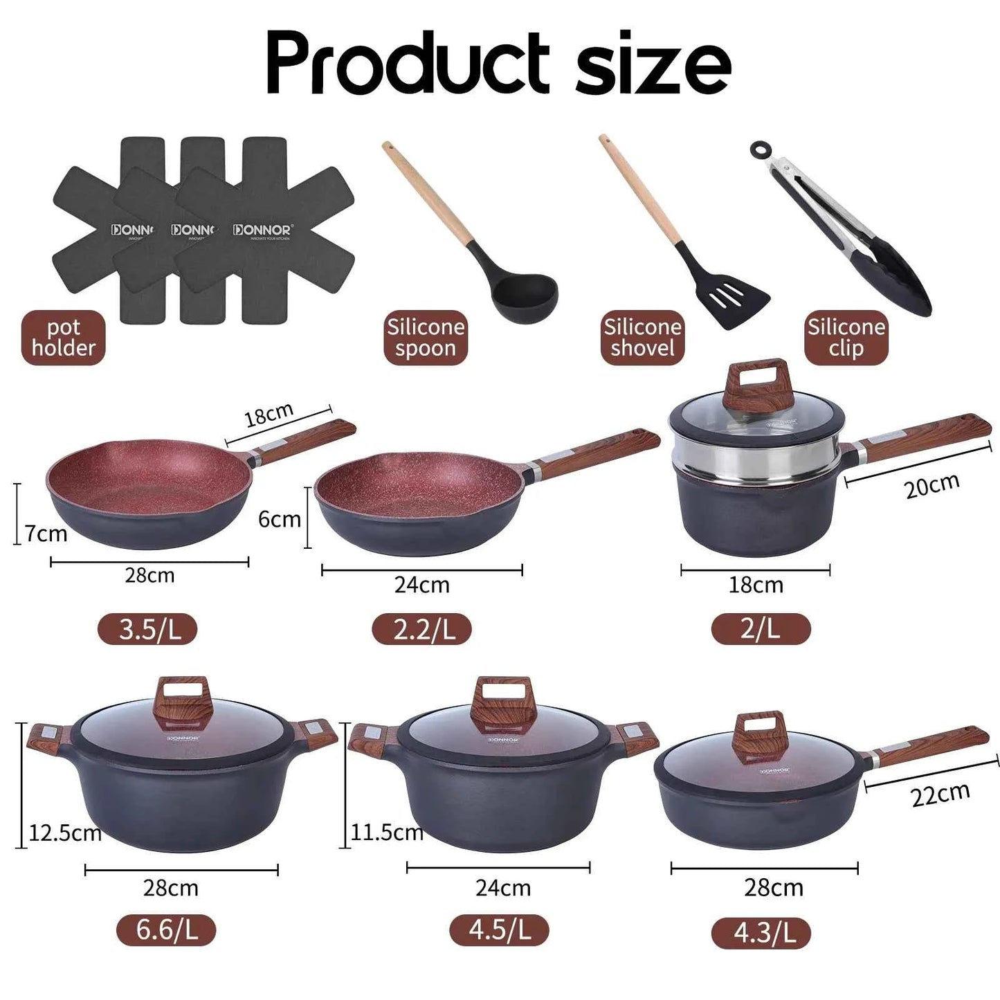 DONNOR 17pcs/set Non Stick Uncoated Frying Pan with Lid Cookware Aluminum Granite Soup Pot Milk Pot Stove Universal Kitchen Tool