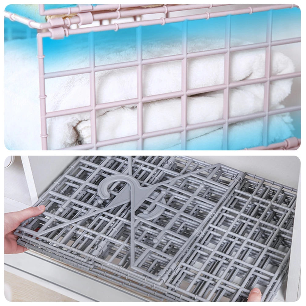 Collage of a plastic grid with ice cubes and a metal grate.