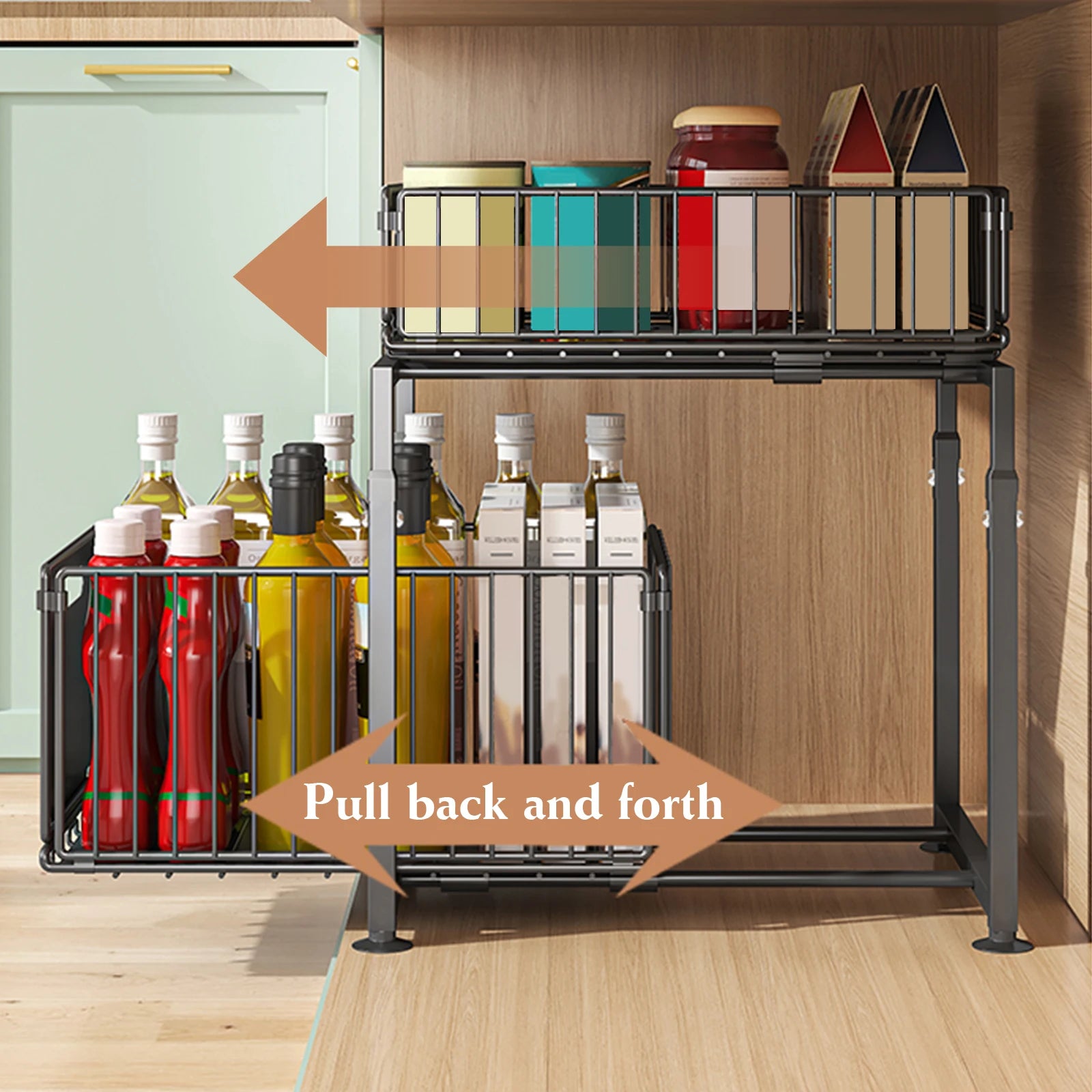 Metal kitchen rack with bottles and containers on a wooden floor.
