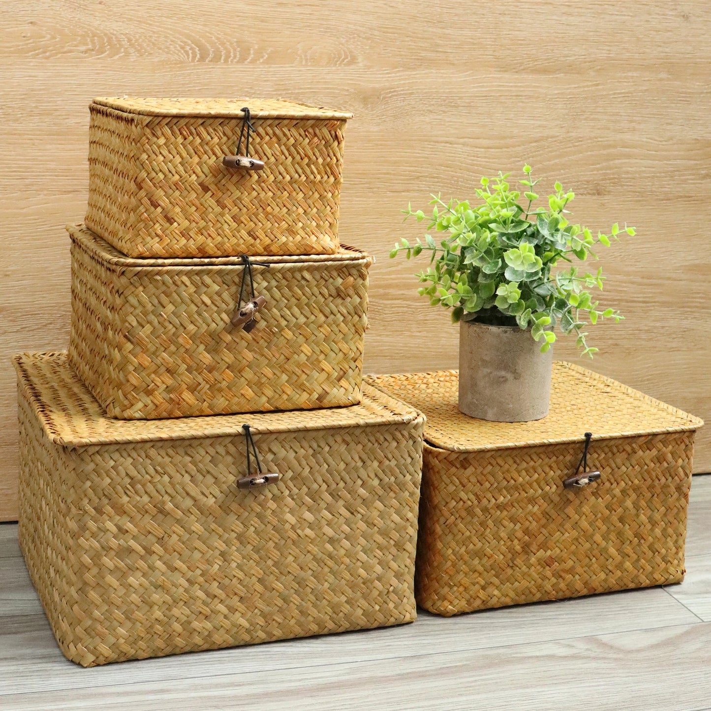 Set of 4 Seagrass Storage Baskets with Lids Woven Organizer Boxes