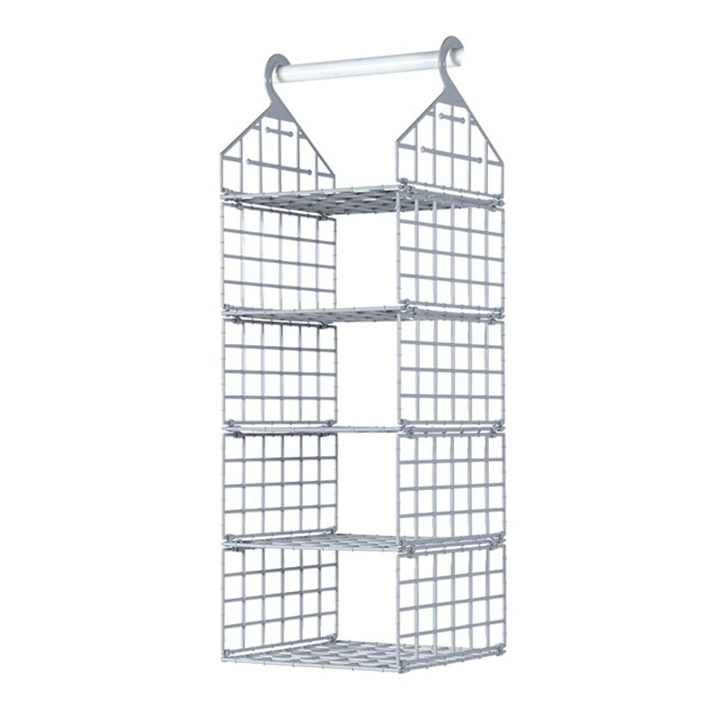 Metal wire hanging organizer with four shelves on a white background