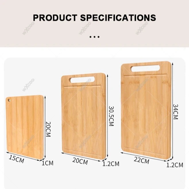 Set of wooden cutting boards with dimensions on a white background