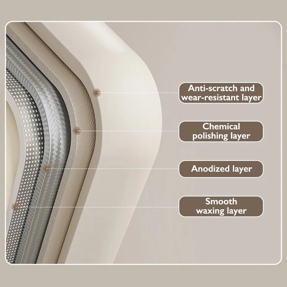 Layered material with text labels on a neutral background