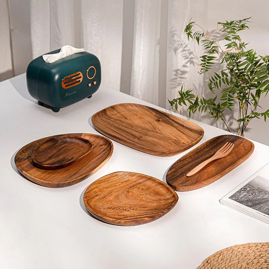 Solid Wood Dinner Plates – Irregular Oval Serving Tray for Fruits & Sushi