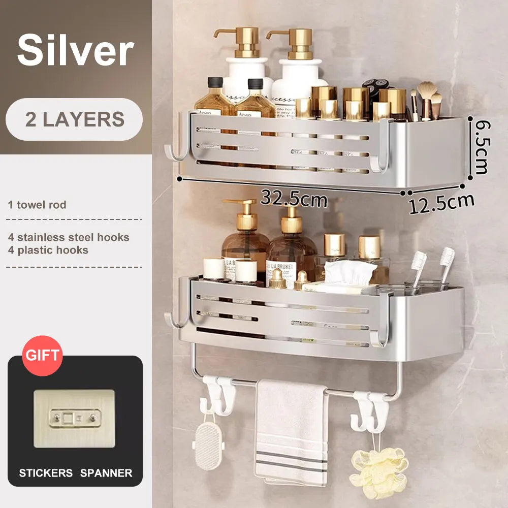 Bathroom Corner Shelf with Towel Bar, No-Drill Aluminum Storage Rack